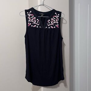 Dalia Black Sleeveless Embroidered Yoke Tank with Pink & White Floral Detail